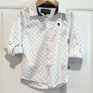 English Laundry Boys 5 Button Up Shirt Roll Tab Sleeves White Navy Diamond Print